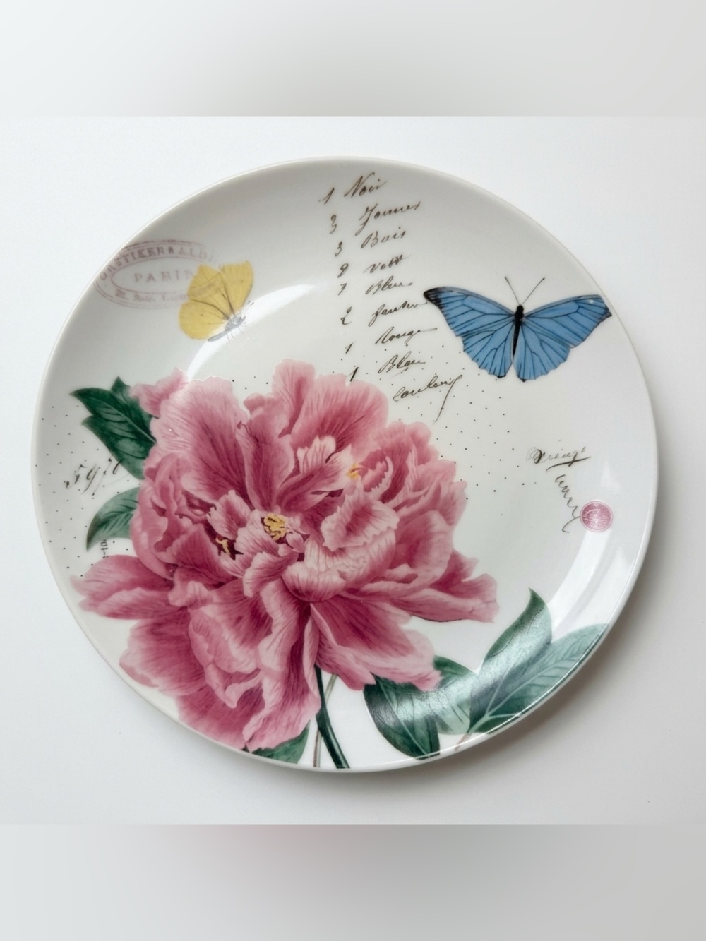 Floral Butterfly Ceramic Dinner Plate in Pink and Blue